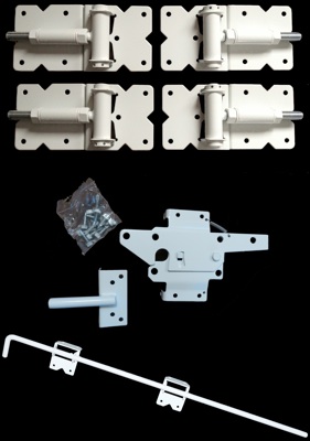 self closing vinyl double gate hardware, two pairs of vinyl gate hinges one vinyl gate latch and one vinyl gate drop rod